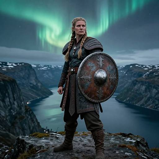Viking Woman Warrior with Shield Under Northern Lights in Fjord Landscape