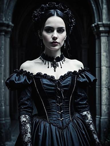 Photorealistic Dark Gothic Woman in Elegant Gown Fashion Portrait