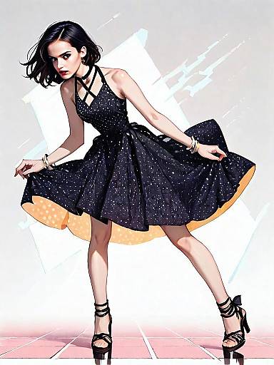 Realistic Comic Style Woman in Starry Black Dress Full Body Shot