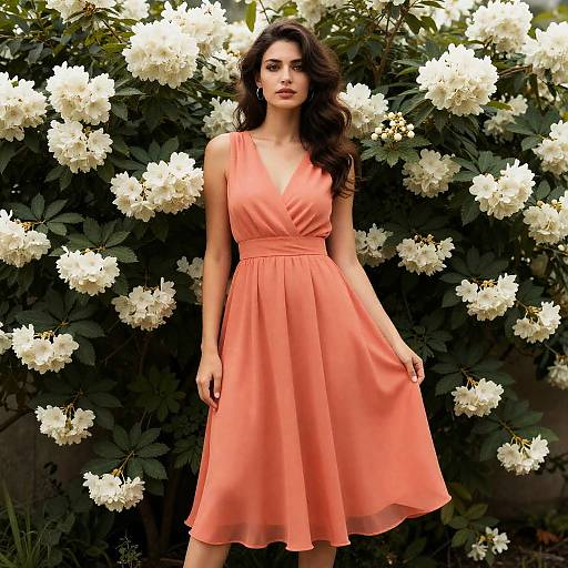 Elegant Woman in Peach Dress with White Flower Garden Background