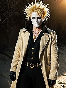 Realistic Sandman Cosplay Costume Man with Spiky Blonde Hair and Trench Coat