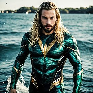 Confident Man in Aquatic Armor Emerging from Water