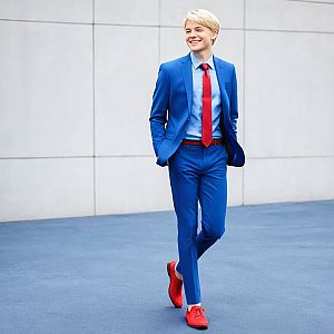 Confident Young Man in Blue Suit and Red Tie