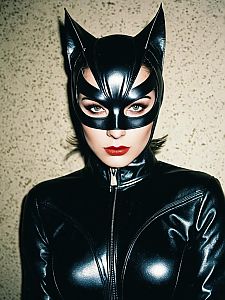Woman in Sleek Black Leather Catwoman Costume with Mask