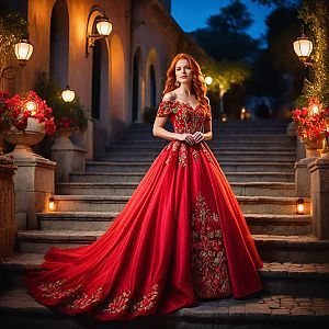Elegant Woman in Red Gown on Stone Staircase