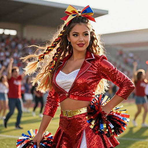 Cheerleader in Sparkling Red Sequin Uniform with Colorful Pom-Poms on Sports Field
