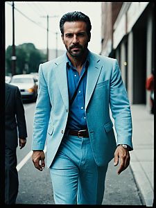 Man in Light Blue Pant Matching Suit Walking in City Street Cinematic Realism