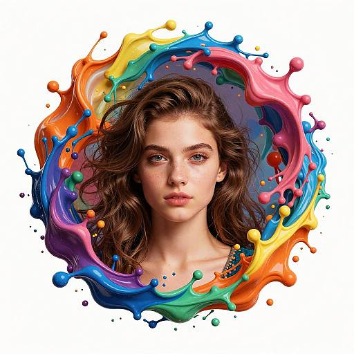 Creative Portrait of Young Woman with Colorful Paint Splash Circle
