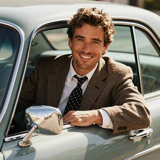 Smiling Man in Classic Tweed Jacket Driving Vintage Car