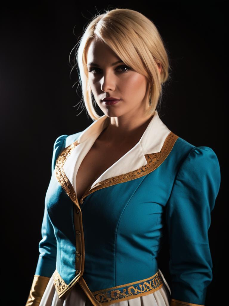 Woman in Frederica Baumann Cosplay Costume with Blue and Gold Jacket