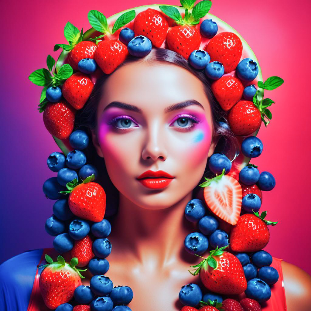 Woman with Fruit Headdress on Vibrant Background