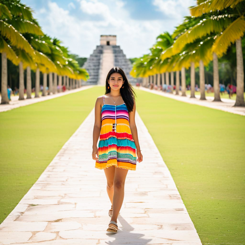 Woman in Colorful Dress at Chichen Itza