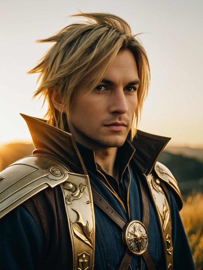 Photorealistic Outdoor Portrait of Man in Final Fantasy Inspired Golden Armor Costume