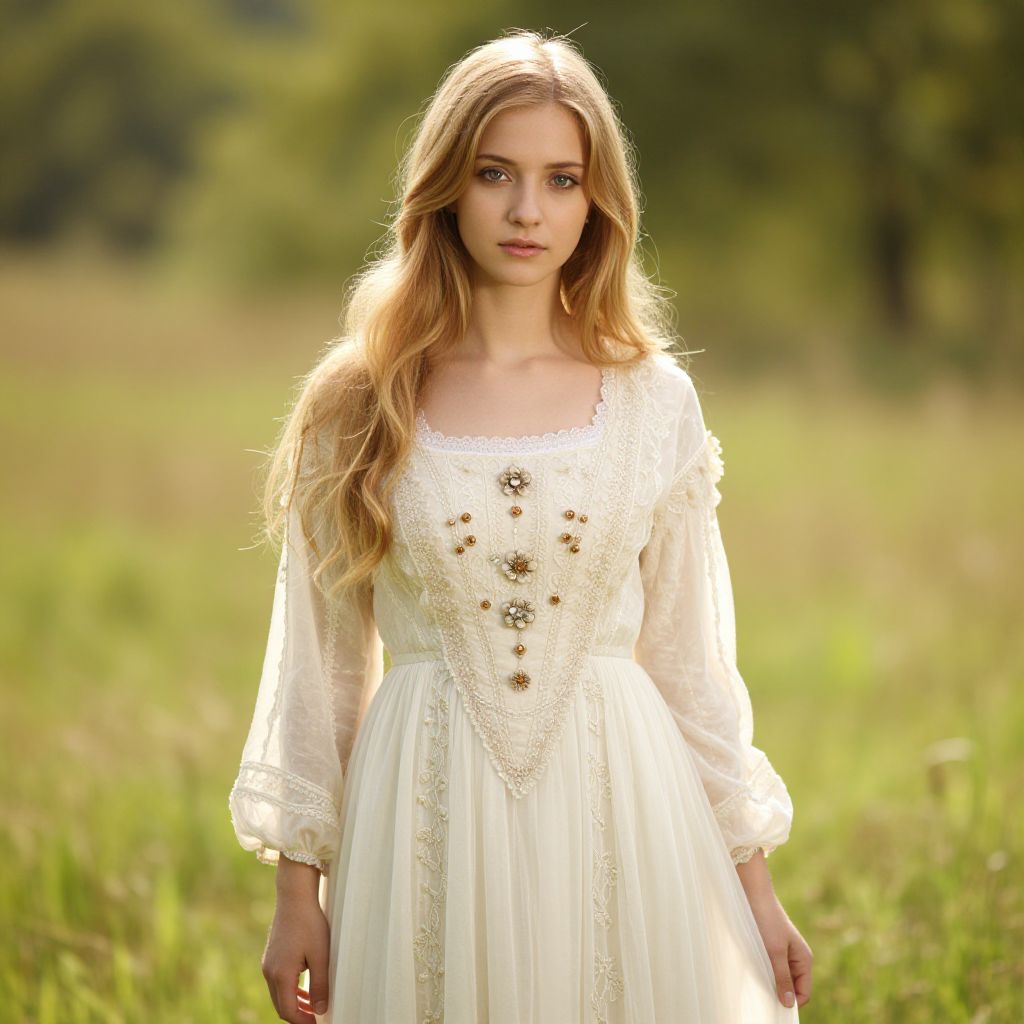 Young Woman in Vintage Lace Dress Standing in Sunlit Field