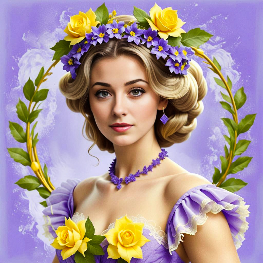 Woman with Yellow Roses and Purple Flowers - Fairy-Tale Aesthetic