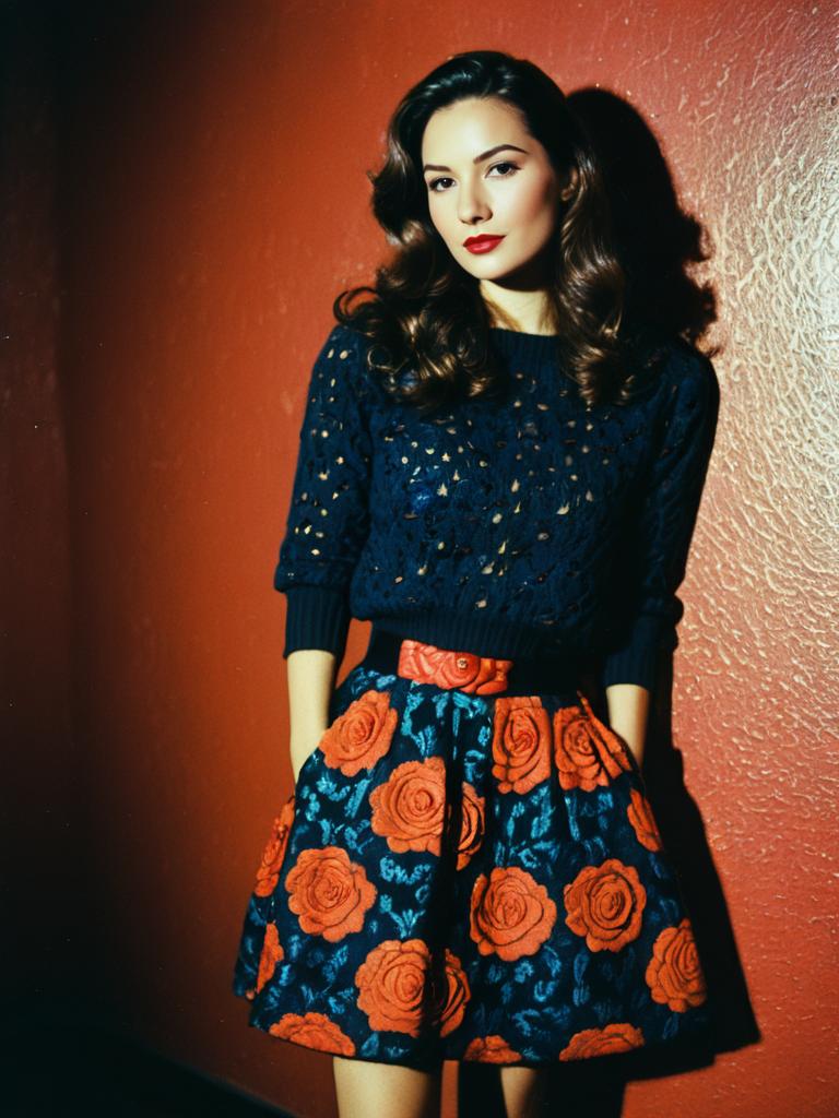 Woman Wearing Black Crochet Knit Sweater and Floral Rose Skirt