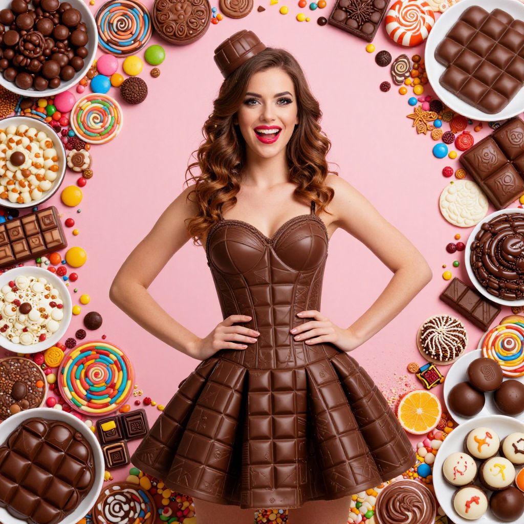 Woman Wearing Chocolate Dress Surrounded by Assorted Chocolates and Candies