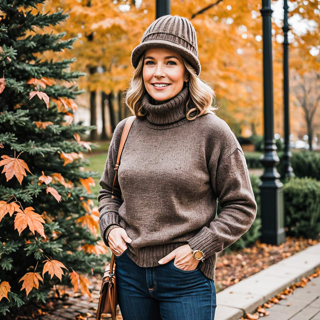 Stylish Woman in Autumn Park with Cozy Fall Fashion