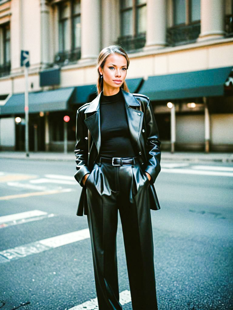 Confident Woman in Black Leather Outfit