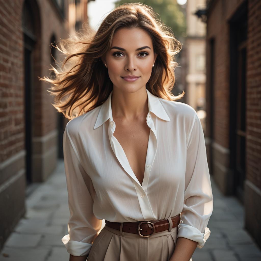 Stylish Woman in Chic Outfit Walking in Sunlit Alley