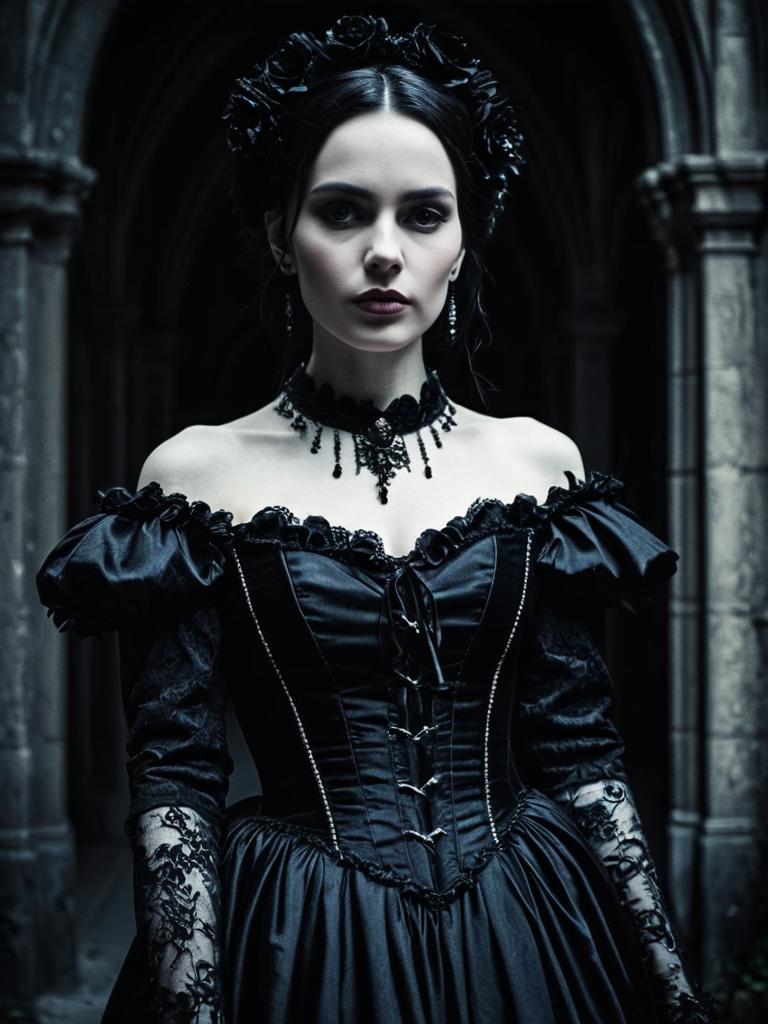 Photorealistic Dark Gothic Woman in Elegant Gown Fashion Portrait