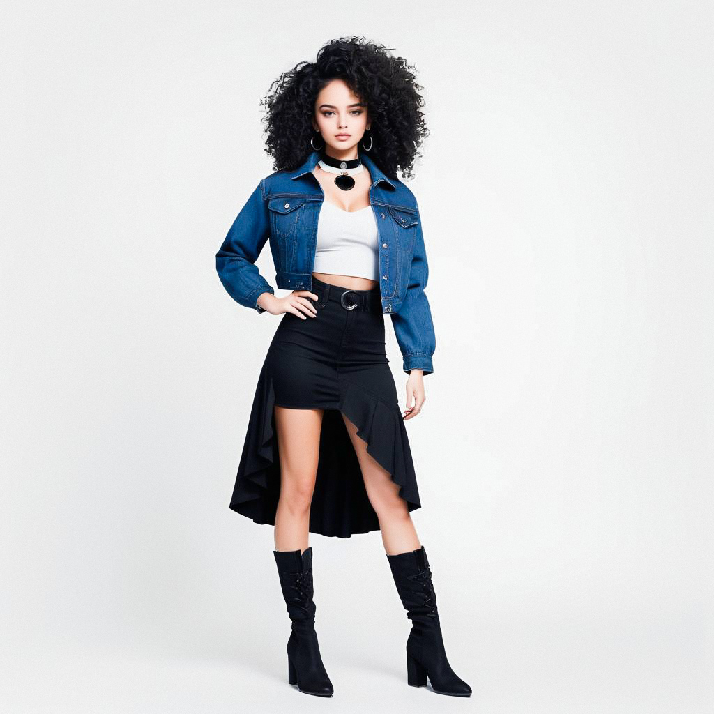 Confident Woman in Cropped Denim Jacket and Black Skirt