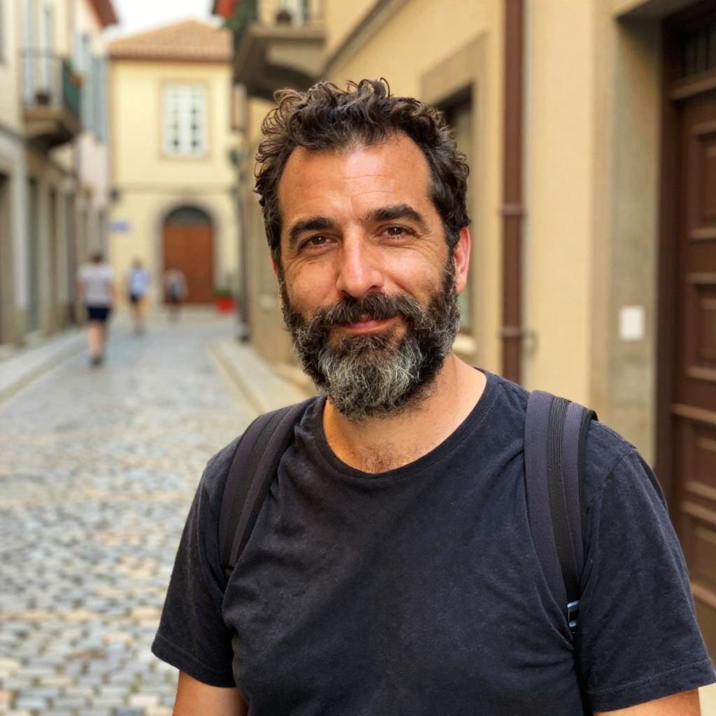 Bearded Man with Backpack on Cobblestone Street in European Town