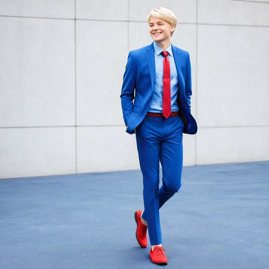Confident Young Man in Blue Suit and Red Tie