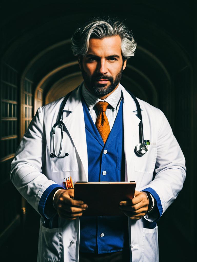 Realistic Doctor Wheelo Cosplay Man in Lab Coat and Stethoscope