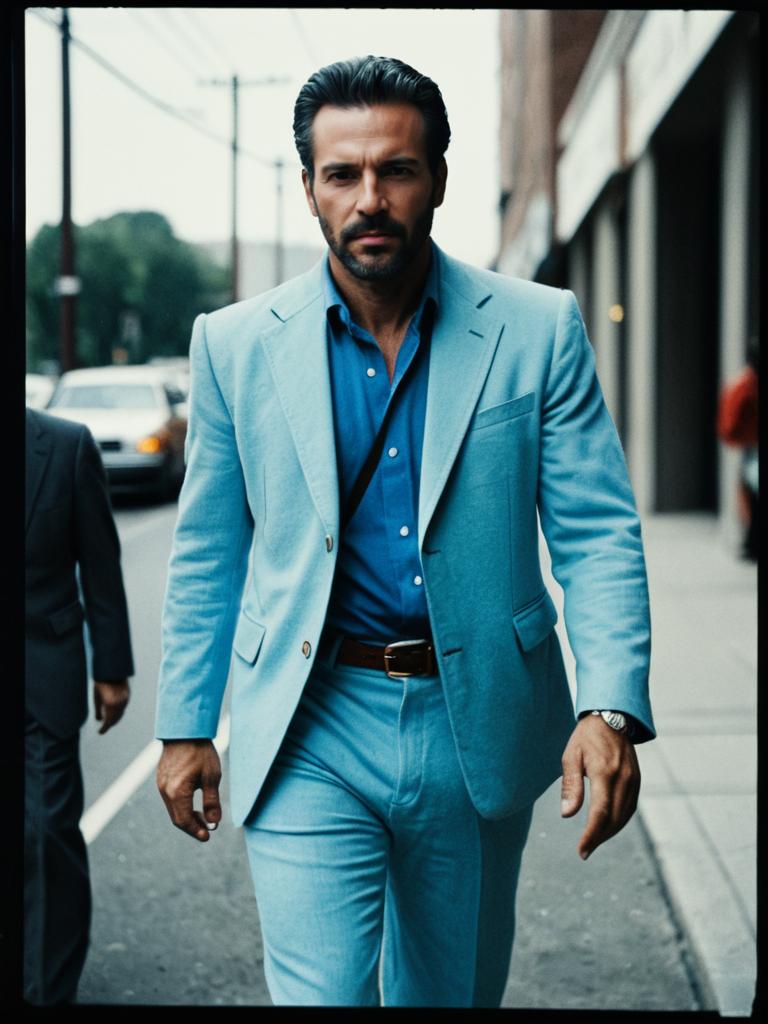 Man in Light Blue Pant Matching Suit Walking in City Street Cinematic Realism