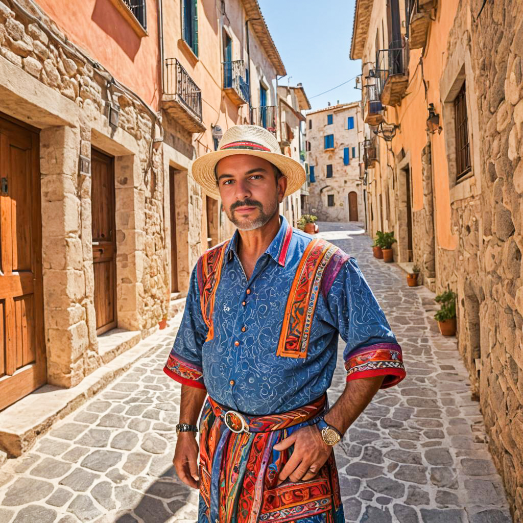 Man in Vibrant Cultural Outfit on Mediterranean Street