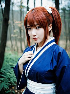 Realistic Kasumi Miwa Cosplay Woman in Blue Kimono Forest Portrait