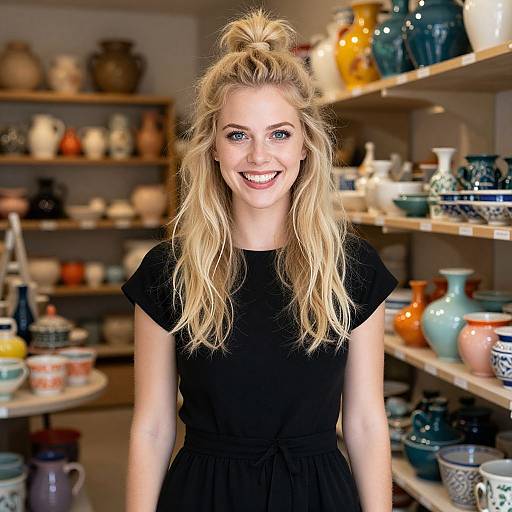 Smiling Woman in Pottery Shop with Colorful Ceramic Vases