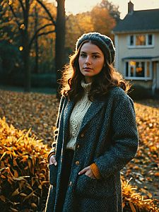 Woman in Vintage Cozy Fall Outfit during Golden Hour Cinematic Realism