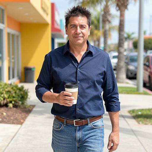 Casual Middle-Aged Man Walking with Coffee on Sunny Sidewalk