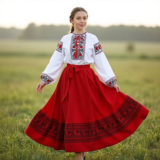 Young Woman in Traditional Eastern European Folk Costume Outdoors
