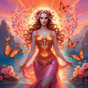 Elegant Woman in Flowing Gown by Water at Sunset