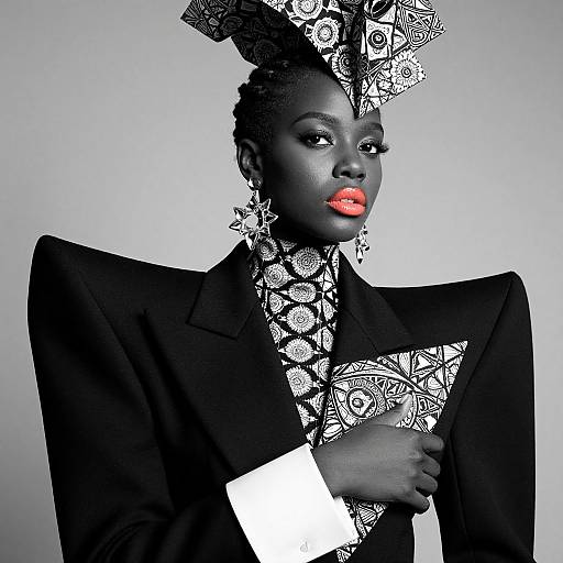 Avant-Garde Fashion Portrait of Woman with Bold Geometric Patterns and Red Lips
