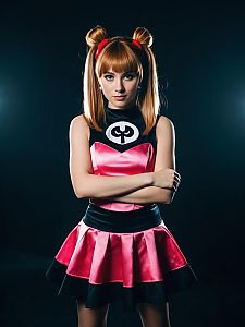 Confident Young Woman in Pink and Black Costume