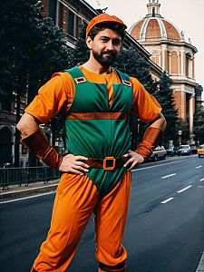 Man in Realistic 1987 Michelangelo Costume Cosplay on City Street