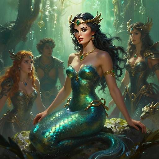 Fantasy Mermaid Queen and Royal Guards in Enchanted Underwater Forest