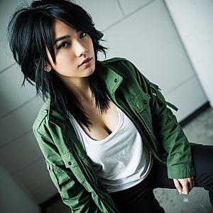 Portrait of Confident Woman in Green Jacket and White Tank Top