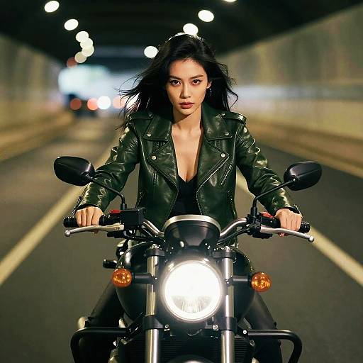Confident Woman Riding Motorcycle in Tunnel Wearing Green Leather Jacket