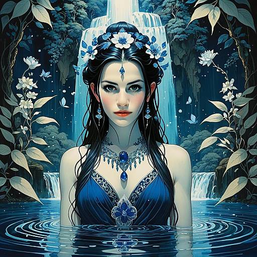Mystical Woman in Blue Waterfall Fantasy Digital Art
