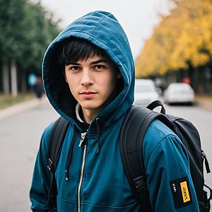 Confident Young Man in Blue Hoodie with Autumn Background