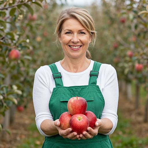 Woman Holding Fresh Apples in Orchard Green Overalls