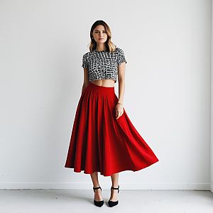 Stylish Woman in Black and White Top with Red Midi Skirt