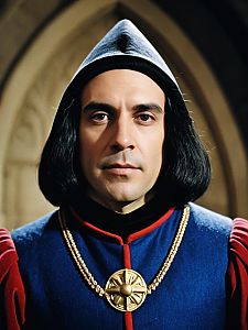 Man in Medieval Garment with Blue and Red Accents