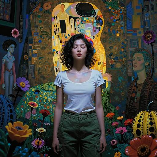 Young Woman in Front of Surreal Klimt-Inspired Artwork with Floral Patterns
