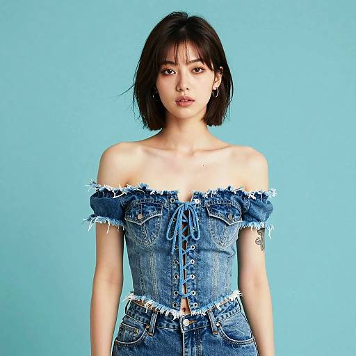 Gen Z Woman in Trendy Off-Shoulder Denim Corset Top and Jeans